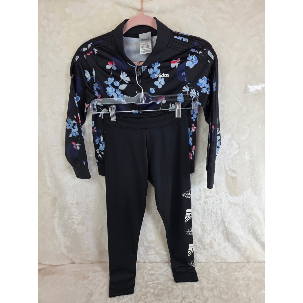 Adidas Girls Floral Track Jacket and Leggings Set Black Blue Size M 10-12 AP4469